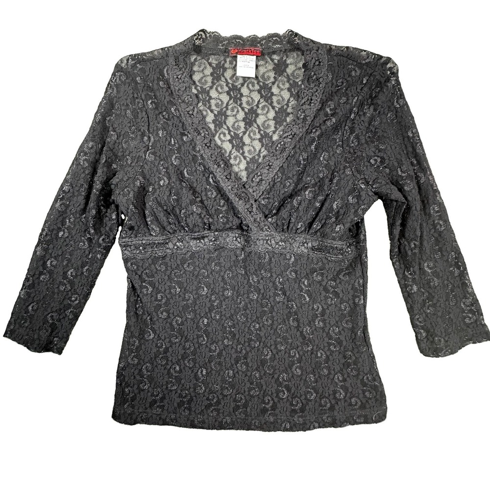 Black Lace Wrap Top Women Large  Ribbon Waist Tie Victorian Whimsigoth Romantic